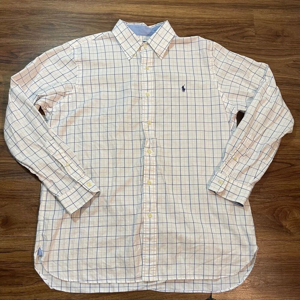 Ralph Lauren Button Down Long Sleeve Shirt Plaid White Blue Pink Cotton Men's LG